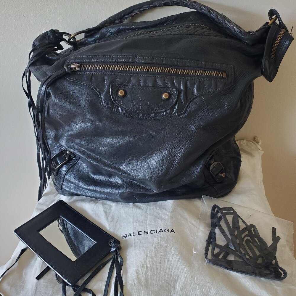 Black BALENCIAGA Classic Arena Day Bag Purse + Mirror + Extra Tassels + Dustbag
